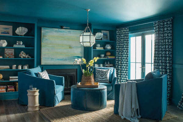 Blue living room with Fireplace